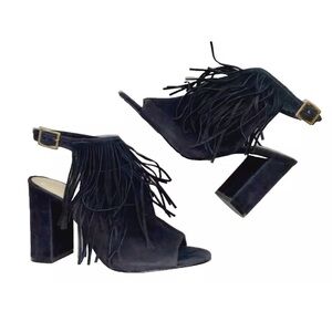 Vince Camuto Winiveer Size 9 M Black Suede Fringe Peep Toe Block Heel Black